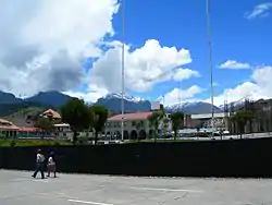 Main square in Huaraz with the Cordillera Blanca in the background