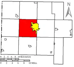 Location of Pleasant Township (red) in Van Wert County, next to the city of Van Wert (yellow)
