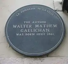 Plaque on Walter M. Gallichan's birthplace in the Royal Square, Vingtaine de la Ville