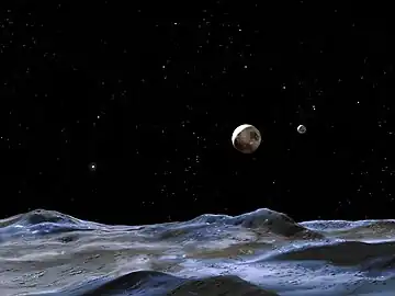 View from Hydra. Pluto and Charon (right); Nix (left) (artist concept).
