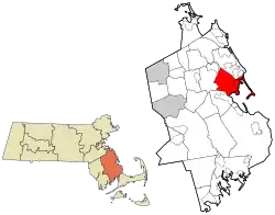Location of Duxbury in Massachusetts (left) and in Plymouth County, Massachusetts (right)