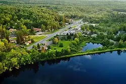 Aerial view of Pocono Pines centered on the intersection of PA 940 and PA 423