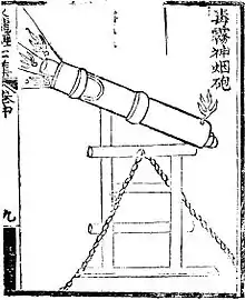 A 'poison fog divine smoke eruptor' (du wu shen yan pao) as depicted in the Huolongjing. Small shells emitting poisonous smoke are fired.