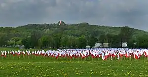 Kosciuszko's Mound, seen from Kraków Błonia Park,Polish National Flag Day (2 May 2019)