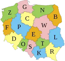 Polish voivodeship divison with a letter attached to each one.