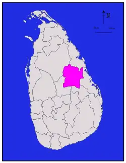 Area map of Polonnaruwa District, roughly square in shape, located at the middle from north east of the centre of the country and south west of the north eastern coast, in the North Central Province of Sri Lanka