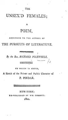 Title page of Richard Polwhele's The Unsex'd Females (London 1798; rpt. New York, 1800)