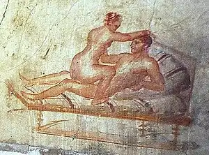 An erotic wall painting on the walls of a small room at the side of the kitchen from The House of the Vettii, Pompeii. (cf. "Erotic Art in Pompeii" by Michael Grant, p. 52)