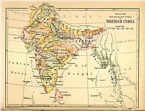British India in 1880: This map incorporates the Provinces of British India, the Princely States and the legally non-Indian Crown Colony of Ceylon.