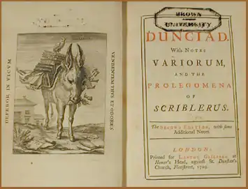 Frontispiece—an engraving of a donkey burdened by a pile of books—and title page of a book, inscribed "DUNCIAD // With NOTES // VARIORUM, // AND THE PROLEGOMENA OF SCRIBLERIUS."