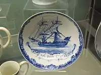 Commemorative "ship bowl" for punch, a common Liverpool form. John and Jane Pennington, late 18th-century