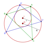 Two poristic triangles ABC and A'B'C' with respect to circles I(r) and O(R)