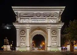Porta Macedonia in Skopje, North Macedonia, is dedicated to 20 years of Macedonian independence, 2012