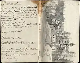 Pages 6 and 7 of Elizabeth Simcoe's diary. Page 6 is a textual entry into her diary and page 7 a drawing of trees and two small buildings.