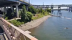 View of the beach from the Hawthorne Bridge, July 2020