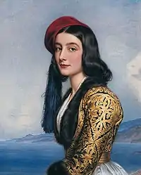 Katerina Rosa Botsaris (daughter of Markos) in Amalia dress. painted by Joseph Karl Stieler, Schönheitengalerie, Munich.