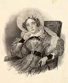 Sketch of a young woman seated in a straight-backed chair wearing a pleated, belted dark dress and a large ruffled bonnet.
