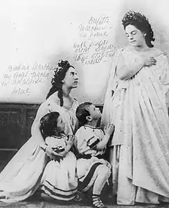 Raisa annotated this photo of her teacher Barbara Marchisio and her sister Carlotta, planning to use it in her autobiography. "Barbara Marchisio my vocal teacher in Adalgisa Norma. Carlotta Marchisio as Norma. Both sisters great singers with glorious careers." (1860s)