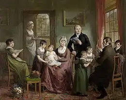 The family of Adrianus Bonebakker during a visit from - in all probability - partner Diederik Lodewijk Bennewitz (seated, with the silver object). Bonebakker himself can be seen holding a document, 1809, Rijksmuseum Amsterdam