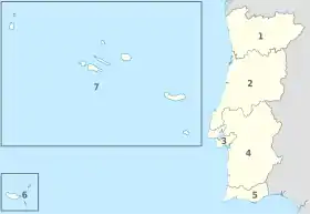 Territorial map of Portugal corresponding to the European Union's NUTS I and NUTS II designations for NUTS statistical regions of Portugal