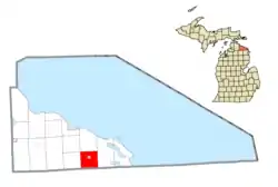 Location within Presque Isle County (red) and the administered village of Posen (pink)