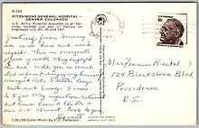 Reverse of a postcard featuring Fitzsimons General Hospital. Postmarked July 22, 1971 in Denver, CO from Harriet to Miss Frances Rieckel of Providence R.I. A six-cent Roosevelt coil definitive paid the domestic rate.