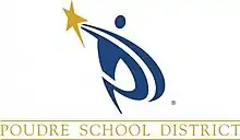 The logo of the Poudre School District. It appears to be a blue person wielding a golden star.