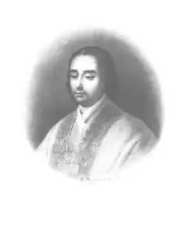 Print of charcoal drawing of Claude Poullart des Places, looking left and down, wearing Catholic vestments, vignetted against black, signed by the artist Pierre-Leon Annould