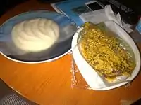 Pounded yam, and egusi soup served with fish