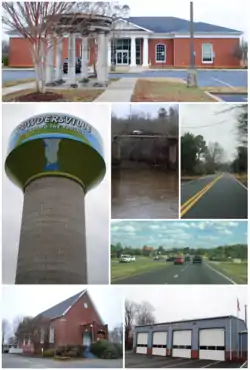 Top, left to right: Powdersville Branch Library, water tower, Saluda River, Powdersville Main, Highway 153, Bethesda Church, Powdersville Volunteer Fire Department