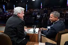 Host Jay Leno interviewing the President of the United States Barack Obama