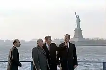 Gorbachev and Reagan in front of the Statue of Liberty