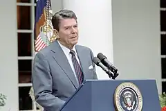 Ronald Reagan speaks to the press in the Rose Garden about the Professional Air Traffic Controllers Organization strike.