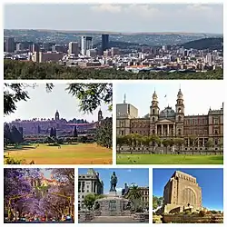 Clockwise from top:View of Pretoria from the Voortrekker Monument, Palace of Justice, Voortrekker Monument, Church Square and the statue of Paul Kruger, the streets of Pretoria are filled with Jacaranda trees, the Union Buildings.