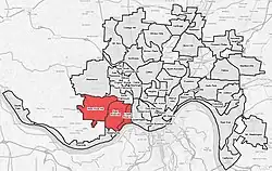 Price Hill (red) within Cincinnati, OH