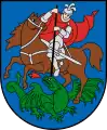 A coat of arms depicting a man in full body armour riding a brown horse that is tramplinga green dragon spewing red flames from its mouth