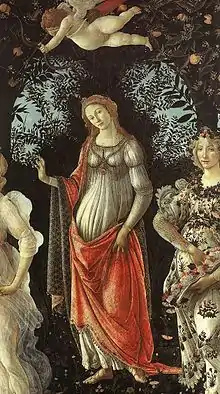 Detail of the Venus figure, representing marriage, in Primavera by Sandro Botticelli, circa 1482