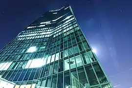 Prime Tower from the ground at night.