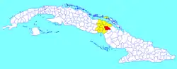 Primero de Enero municipality (red) within  Ciego de Ávila Province (yellow) and Cuba