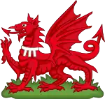 The red Welsh dragon badge with a label of three points