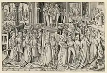 Engraving by Israhel van Meckenem, c. 1490. The diners and execution are background scenes.