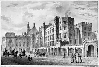Parliament before the 1834 fire that destroyed most of its mediaeval buildings, with Old Palace Yard in the foreground