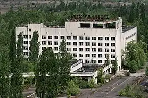 Abandoned hotel with Soviet Union-style architecture.