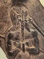 Prisoner of the Akkadian Empire, nude, fettered, drawn by nose ring, with pointed beard and vertical braid. Thought to depict a typical Marhashi. 2350-2000 BC, Louvre Museum AO 5683.