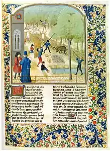 Illustration c. 1480 of Medieval Europeans using a blowgun to hunt birds.