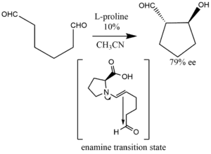 Intramolecular aldolization of a dialdehyde via an enamine intermediate.