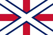 One early proposal for the Union Jack, consisting of a white St Andrew's saltire with blue fimbriation superimposed over a red St George's cross on a field of white