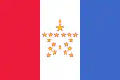 A red, white, and blue tricolor in which the centeral white field is emblazoned with a star composed of 19 smaller gold stars