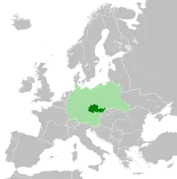 The Protectorate of Bohemia and Moravia in 1942, in dark green within Nazi Germany in light green