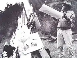 DeGrazia burning his originals in protest against the Inheritance Tax c. 1976
